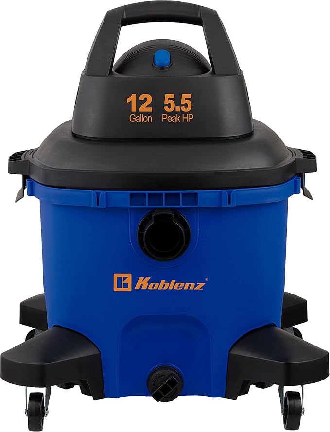 Koblenz WD-12 L4 Wet Dry Vacuum Cleaner, 12 Gallon 5.5 PHP, 3-in-1 Suction & Blower, 32 ft Reach, Drain Plug, Large Vacuum Cleaner for Car, Shop Vacuum Wet and Dry, Click-N-Lock Hose, Blue/Black