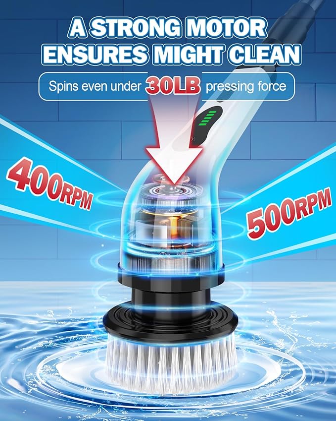 Electric Spin Scrubber, IPX7 Waterproof Cordless Cleaning Brush with 8 Replaceable Heads, Dual Speed & USB-C Charging, Retractable Handle Power Scrubber for Bathtub, Tile, Bathroom