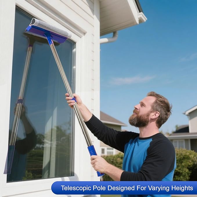 2-in-1 Window Squeegee&Car Squeegee with 15.7"-27.5" Retractable Stainless Steel Handle, Windshield Cleaner Tool for Cars, Trucks, Glass Doors, Shower Glass, Outdoor Windows