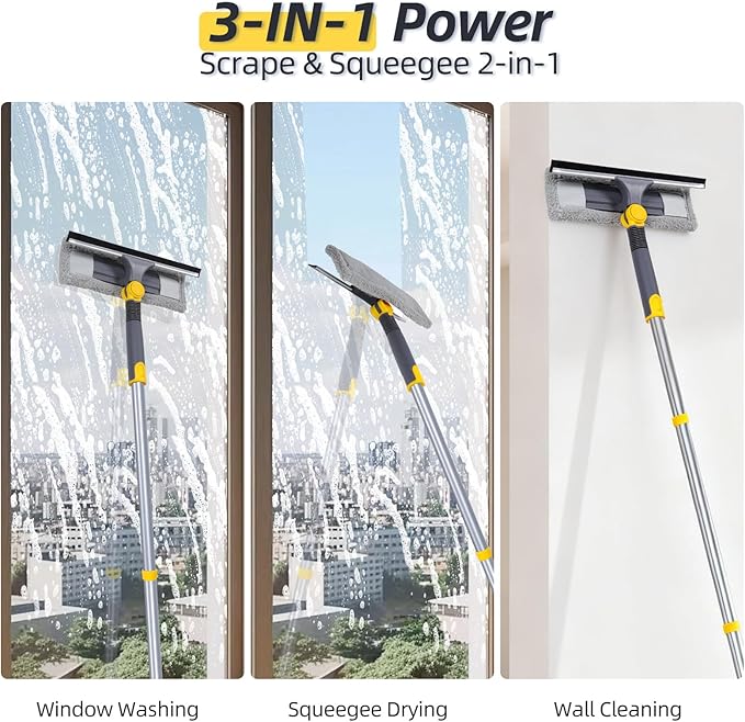 Masthome 77" Window Squeegee with Stainless Steel Pole, 2-in-1 Professional Window Cleaning Kit, 180° Lockable Rotating Head, Streak-Free Scrubber for High Window, Car Windshield, Indoor Outdoor Glass