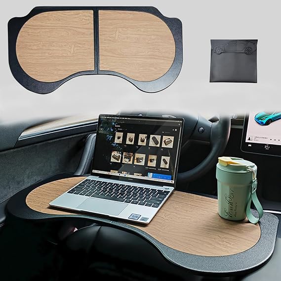 Frins for Tesla Car Foldable Desk Table(PU Leather&Wood Grain),Tesla Model Y/3/X Accessories Tray,Car Folding Tray for W