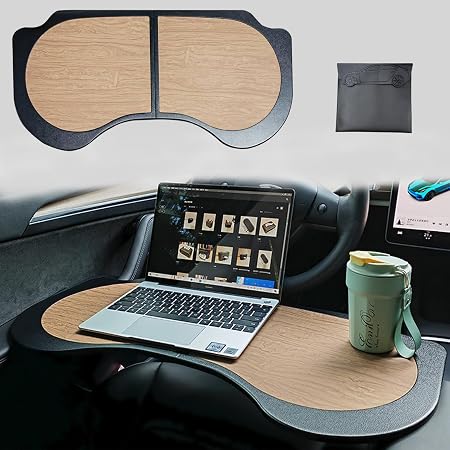 Frins for Tesla Car Foldable Desk Table(PU Leather&Wood Grain),Tesla Model Y/3/X Accessories Tray,Car Folding Tray for W