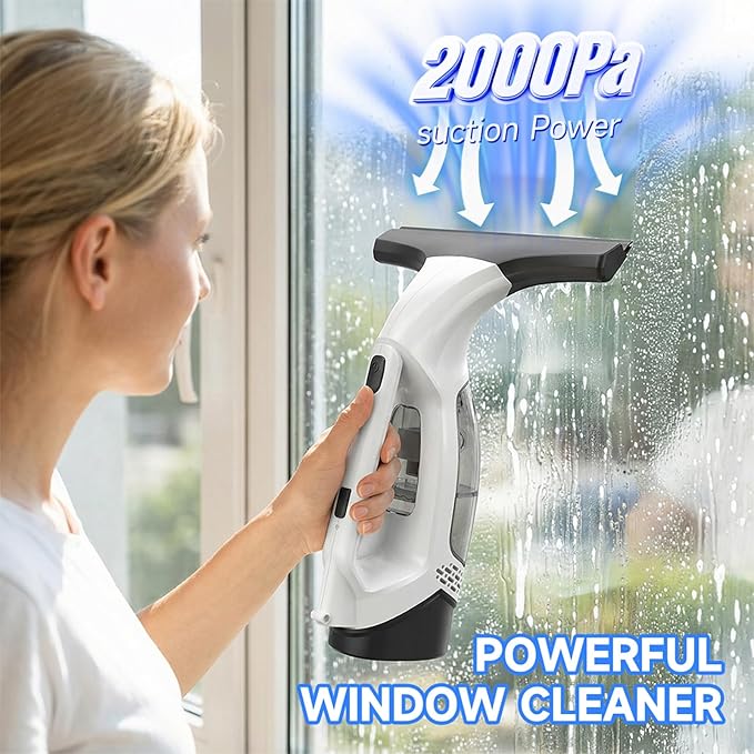 Window Vacuum Squeegee Cordless, Window Vacuum Cleaner with 2000Pa Streak-Free Suction, 30–40" Extension Pole, 11-Inch Cleaner Tool for High Windows, Shower Glass, Tiles & Mirrors
