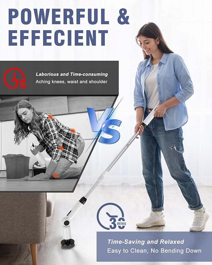 Electric Spin Scrubber, [IPX8 Waterproof ] [50KG Torque] Shower Scrubber with 9 Brush Heads, 2 Speed Mode, 4 Adjustable Angles, Electric Brush for Cleaning for Bathroom Floor Tile