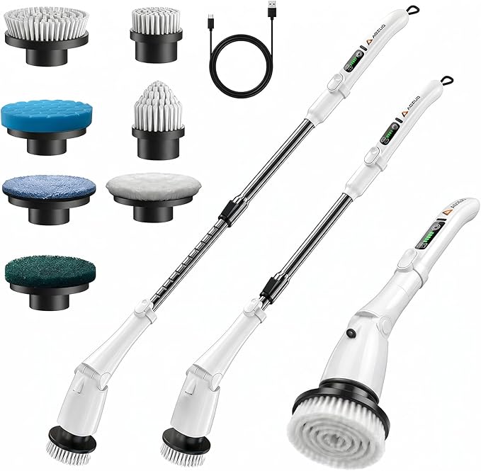 Electric Spin Scrubber, Power Cleaning Brush with 3 Speed Modes LED Light, 7 Replaceable Heads Cordless Shower Scrubber, Long Handle Extendable Scrubber for Bathroom, Floor, Tub, Tile, Grout