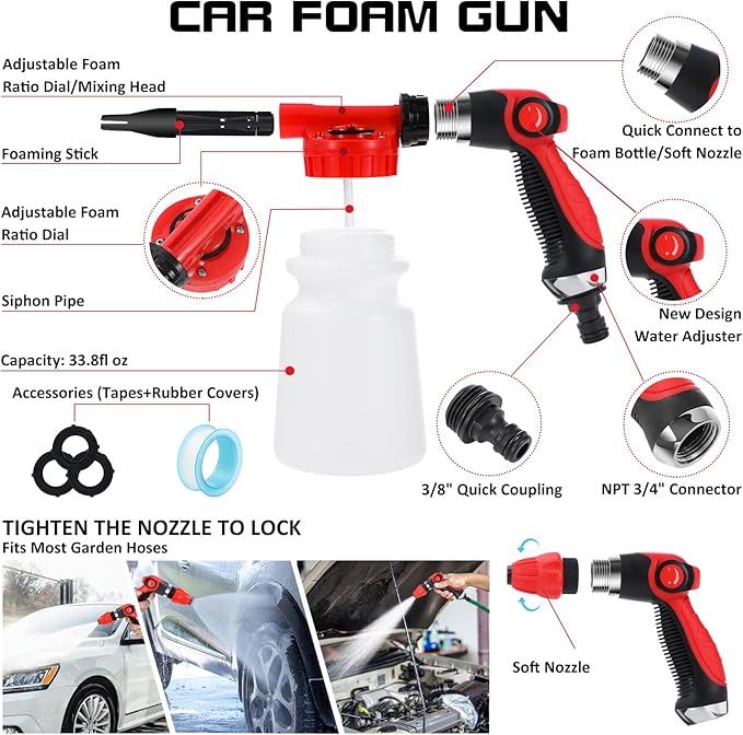 33Pcs Car Wash Detailing Kit Cleaning Kits with Foam Gun Sprayer Brush Large Wash Mitt Towels Complete Interior Exterior Car Washing Supply Set Blue