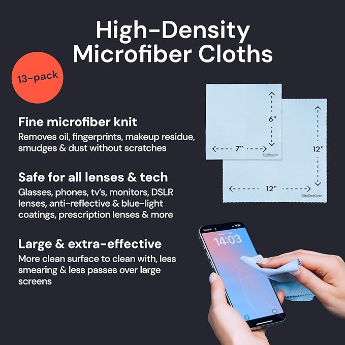 Elite Tech Gear Large Microfiber Cleaning Cloth (13-Pack) - 1-pc 12" x 12" and 12-pc 6"x7" - Glasses Cleaning Cloth for TV Screens, Camera Lenses and Tablets (Blue)