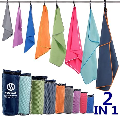 HOEAAS 2 Pack Microfiber Camping Towels, Quick Dry Towel, Super Absorbent Ultra Compact Travel Towel Soft Lightweight Sp