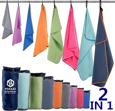HOEAAS 2 Pack Microfiber Camping Towels, Quick Dry Towel, Super Absorbent Ultra Compact Travel Towel Soft Lightweight Sp