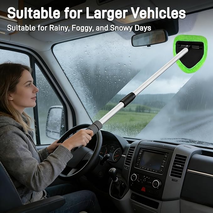 XINDELL 29-inch Windshield Cleaner Tool – Car Interior Window Cleaning Kit with Extended Long Handle & 4 Microfiber Pads, Auto Wiper Windshield Brush for Car, Trucks, SUVs, RVs & Home