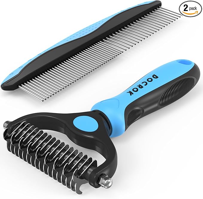 Docrok Pet Grooming Combo - Blue Deshedding Brush with Metal Comb for Detangling and Dematting Long, Matted Fur on Cats and Dogs