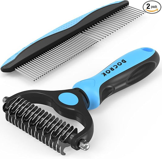 Docrok Pet Grooming Combo - Blue Deshedding Brush with Metal Comb for Detangling and Dematting Long, Matted Fur on Cats and Dogs