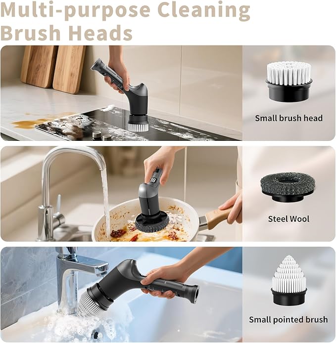 Electric Spin Scrubber, Cordless Power Dish Scrubber Brush, Type-C Fast Charging with LED Power Display, 3 Speeds, 6 Replaceable Heads for Cleaning Kitchen Stove/Bowl/Sink/Corner/Tile/Grout (Grey)