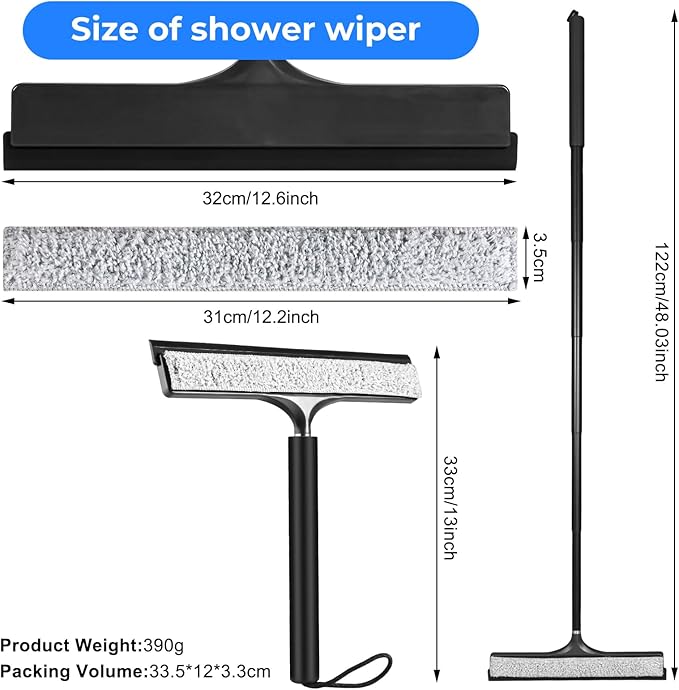 wlich Shower Squeegee with Long Handle, Telescoping Window and Floor Extendable Squeegee for Shower Glass, Bathroom Surfaces, Mirrors, and Smooth Floors, Includes Replaceable and Washable Cloth Pads