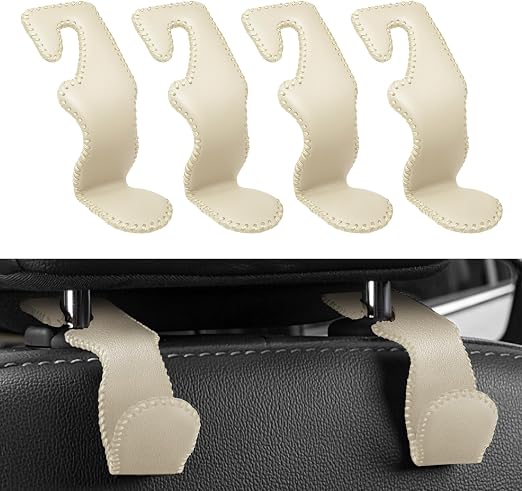 4 Pack Superior Leather Car Seat Headrest Hooks with 44 Pounds Load Capacity, Hangers Storage Organizer Universal Car In
