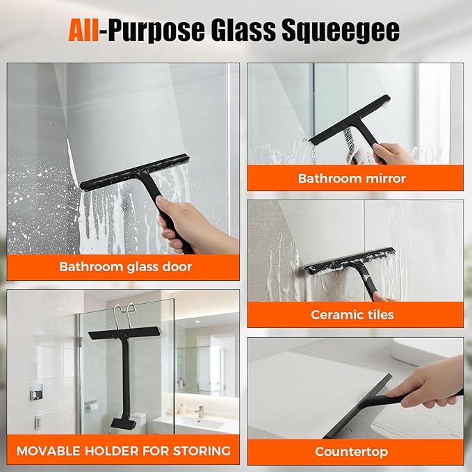 Shower Squeegee for Glass Doors,All-One-Piece Silicone Squeegee for Shower Glass with Mobile Hook,Household Window Mirror Squeegee,for Cleaner Bathroom, Window,Glass, Kitchen, Tile Wall, Car
