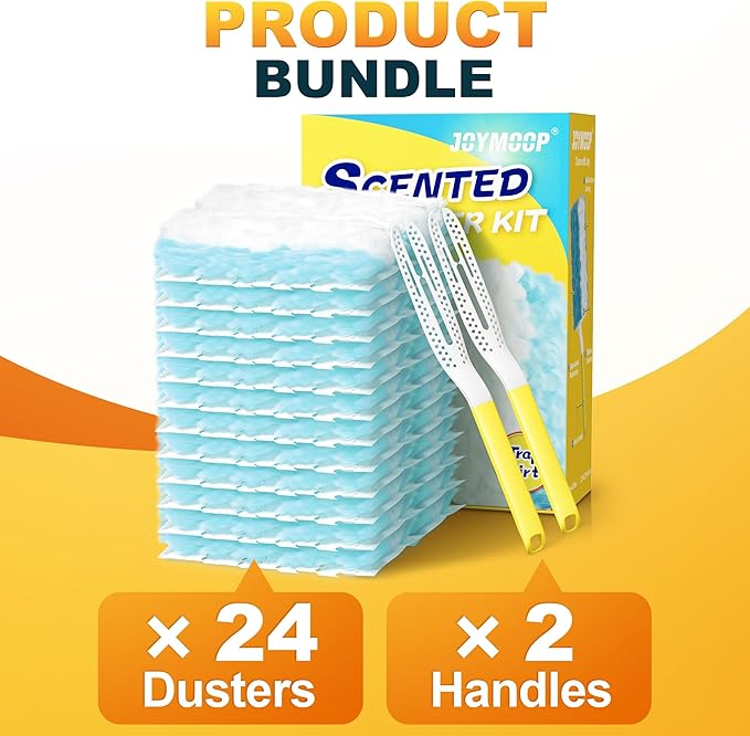 JOYMOOP Disposable Duster for Cleaning, with 2 Handles & 24 Ct Blue Heavy Duty Refills for Swiffer Feather Duster, Household Cleaning Tool for Electronics, Dusting Furniture, Blinds, Pet Hair