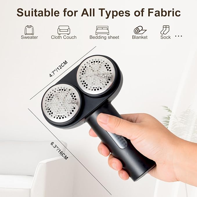 Fabric Shaver, Handzee Electric Lint Shaver, Dual Motor Sweater Shaver, Fabric Pilling Remover, Powerful 2 Gear 6-Leaf Blades, Portable Defuzzer Clothes Fuzz Remover for Sweater Furniture (Black)