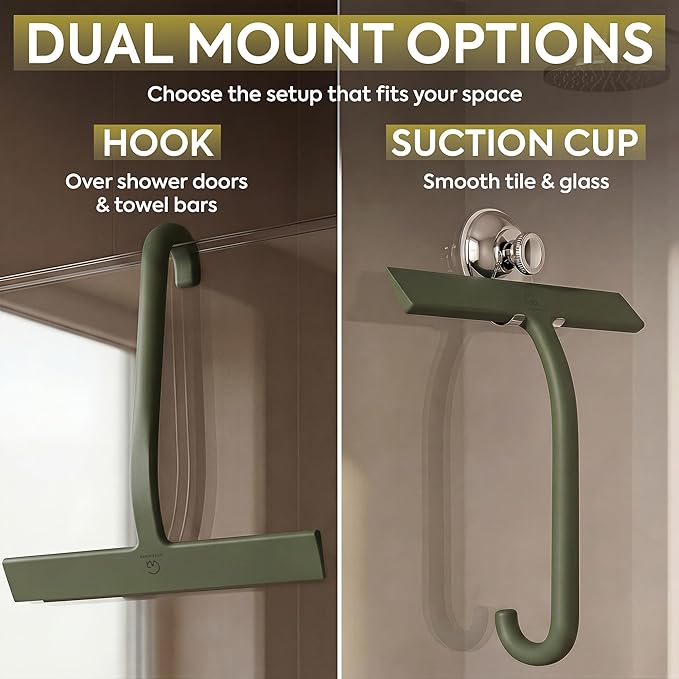 GÜTEWERK Shower Squeegee for Glass Doors – Bathroom Squeegee for Shower Glass & Tile Walls, Streak-Free & No-Squeak Silicone Blade, Stainless Steel Core, Hang Hook + Suction Cup, Green, 10 Inch
