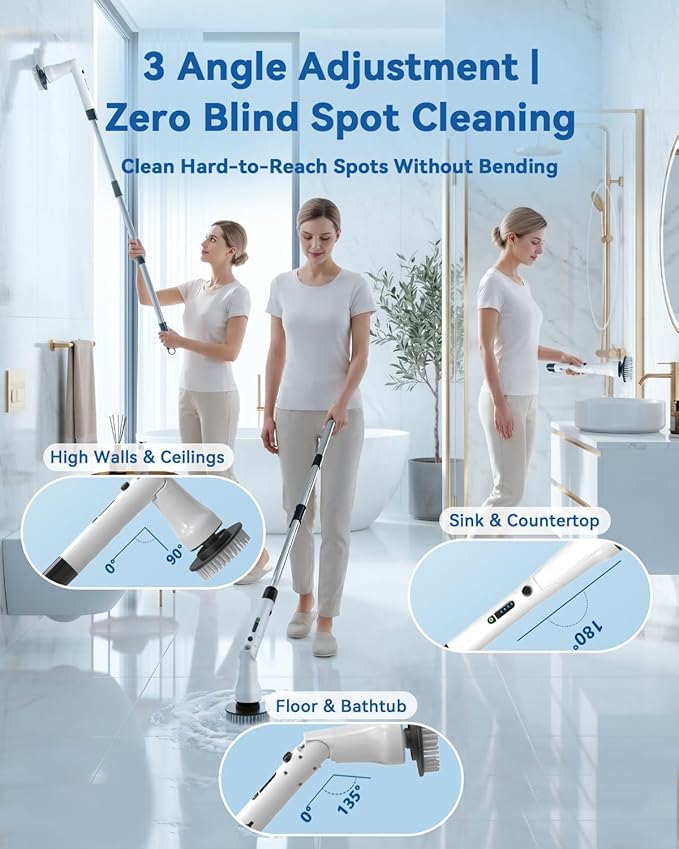 Electric Spin Scrubber, Hillyfe Bathroom Scrubber Electric with 7 Replaceable Brush Heads, IPX7 Waterproof,300/400 RPM, 3 Adjustable Length,Scrubber Brush Electric for Bathtub Floor,White