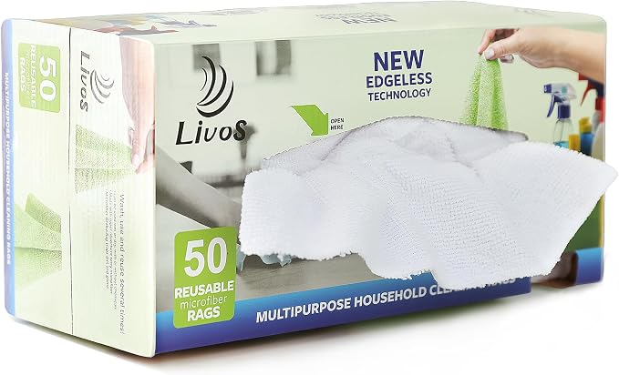 LIVOS 50 Pack Microfiber Cleaning Cloth in Box, Reusable Cleaning Rags, 11.5"x11.5", Edgeless Microfiber Wipes, Lint Fre