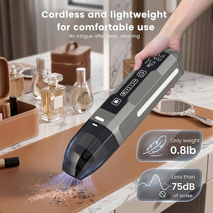 FOLAI Cordless Car Vacuum, 5-in-1 Portable Mini Handheld Vac, Upgraded Smart Digital Display, 2 Suction Modes Type-C Charging for Small Jobs, Car, Office Desk, Keyboards