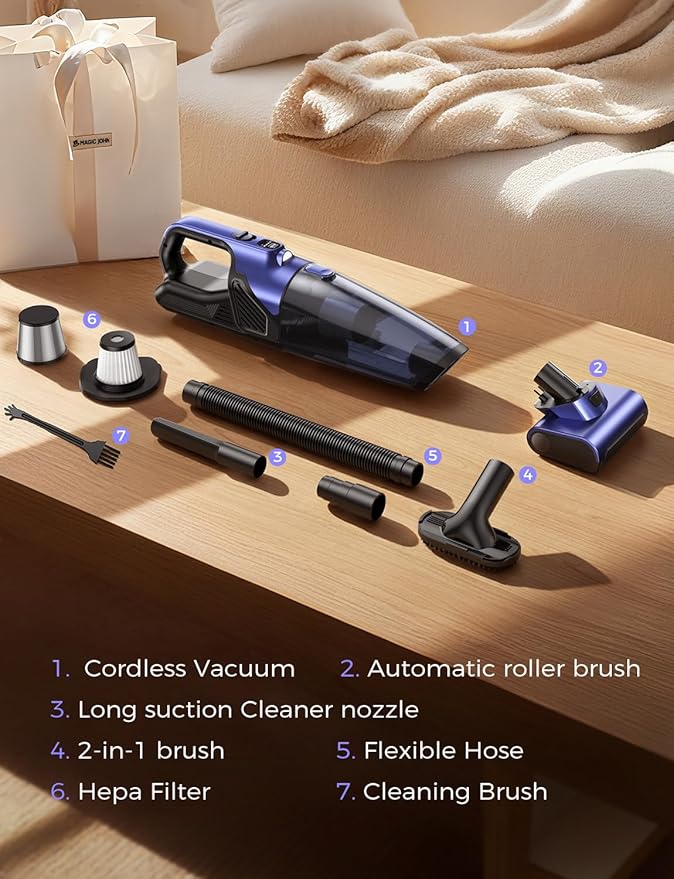 MAGIC JOHN Pet Hair Handheld Vacuum Cordless, 20000PA High Power Car Vacuum with Motorized Brush and LED Light, Rechargeable Hand Held Vacuum Cleaner with Reusable Filter for Car, Home, Office & Pet
