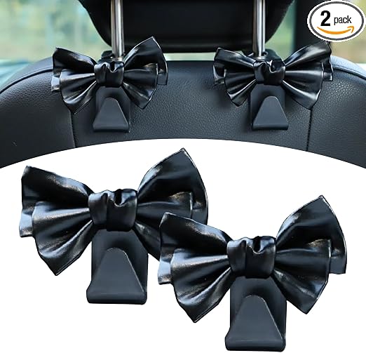 2 Pack Car Seat Headrest Hooks, Cute Bow Design Backseat Hook Storage Organizer for Purses, Handbags, Coats, Umbrellas, 