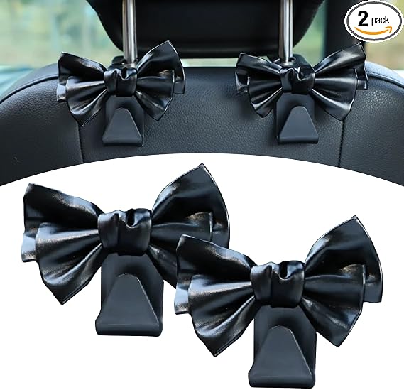 2 Pack Car Seat Headrest Hooks, Cute Bow Design Backseat Hook Storage Organizer for Purses, Handbags, Coats, Umbrellas, 