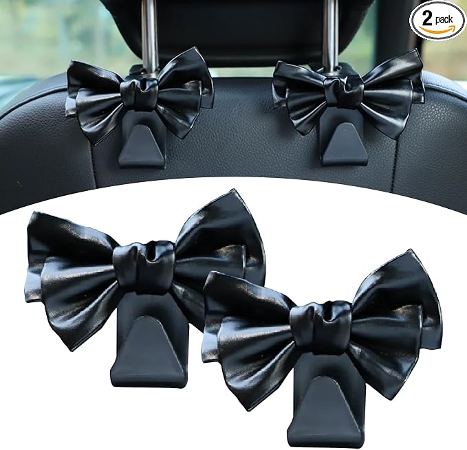 2 Pack Car Seat Headrest Hooks, Cute Bow Design Backseat Hook Storage Organizer for Purses, Handbags, Coats, Umbrellas, 