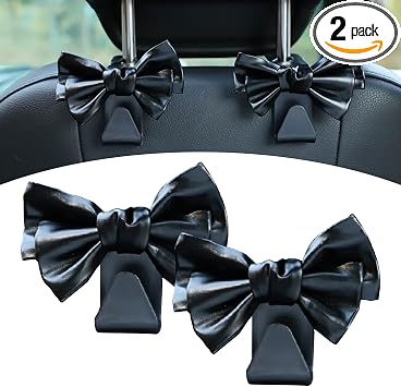 2 Pack Car Seat Headrest Hooks, Cute Bow Design Backseat Hook Storage Organizer for Purses, Handbags, Coats, Umbrellas, 