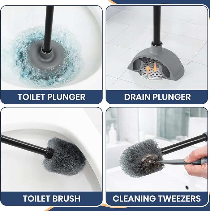 Toilet Bowl Brush and Plunger Set with Toilet Cleaner Brushes and Heavy Duty Plunger Long Handle for Essential Bathroom Scrubber Cleaning