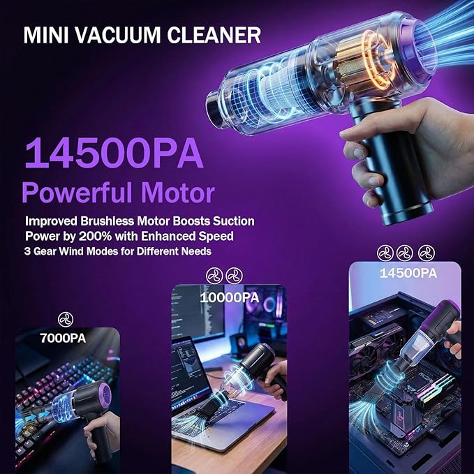 14.5KPA Computer Vacuum Cleaner &Cordless Electric Air Duster 3-in-1,110000RPM Replaces Canned Air for PC Tower &Laptop Sewing Machine Keyboard Vac USB Rechargeable Desk Crumbs Dust Cleaner