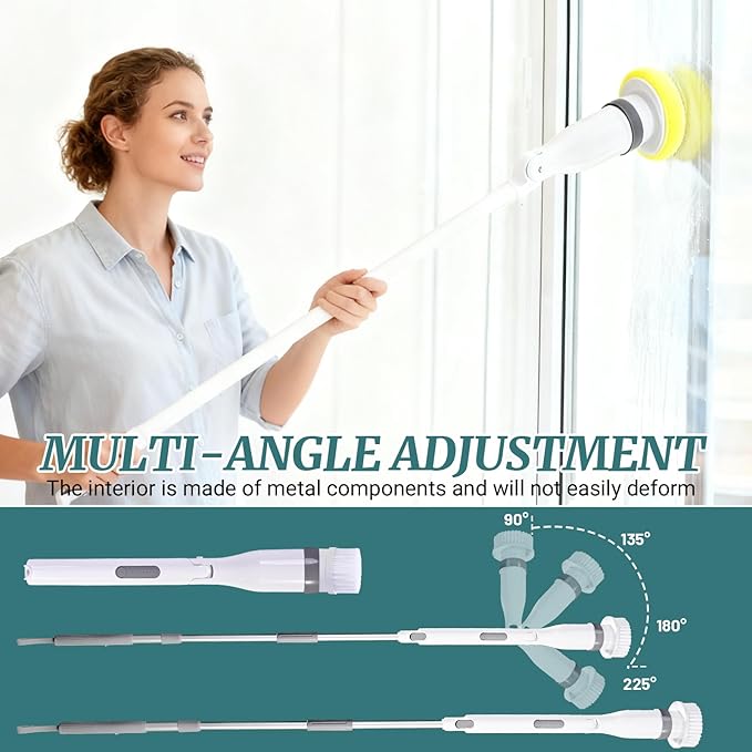 Electric Spin Scrubber, IPX7 Waterproof Shower Cleaning Brush with 8 Replaceable Brush Heads, Extendable Long Handle and 2 Adjustable Speeds Tools White