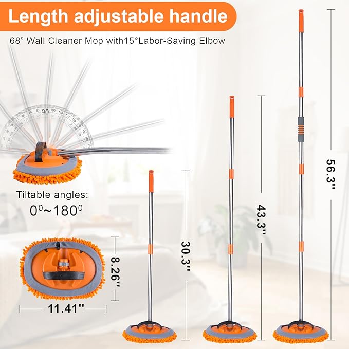 Wall Cleaner Mop with 68” Long Handle,15°Labor-Saving Elbow,Multi-Surface Duster for Painted Walls,Floor,Baseboard & Windows, Includes 2 Replaceable Microfiber Chenille Pads