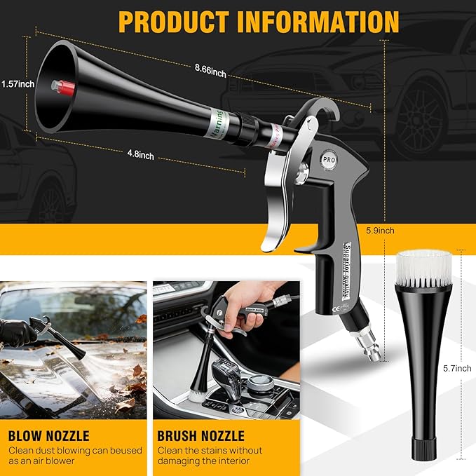 Detailing Car Cleaning Gun,6-9.2 Bar High Pressure Dry Cleaning Gun, Interior Drying Air Gun with 2 Nozzles & Rotating Plastic Hose for Quickly Blowing Out Dirt &Dust with Air Flow