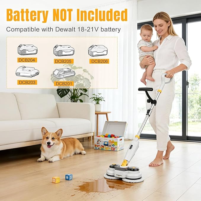 Cordless Electric Mop for Dewalt 20V Battery (NO Battery), 2 in 1 Spin Mop & Electric Floor Scrubber Machine with LED Light & Water Spray, 800 RPM Rotating Electric Mops for Floor (White Yellow)