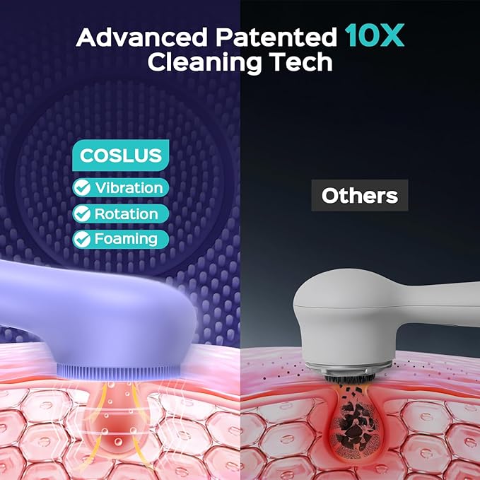 COSLUS Face Scrubber Facial Cleansing Brush: 2 in 1 Spin and Vibration Patented Tech, Silicone Electric Exfoliator Scrubber with Automatic Foaming, Waterproof Face Cleanser Brush for Men (Purple)