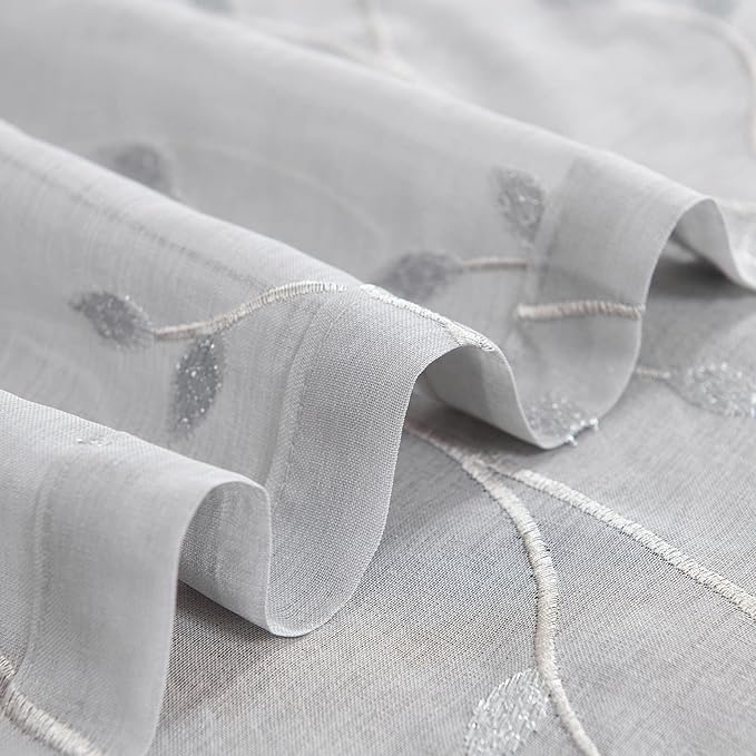 jinchan Sheer Door Curtain 40 Inches Grey Floral Embroidered Semi-Sheer Embroidery Voile Floral French Door Curtain Light Filtering Drape Rod Pocket 1 Panel Gray