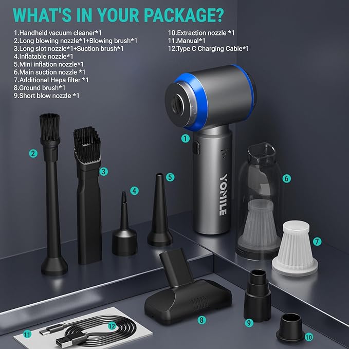 Yomile Mini Vacuum Cleaner, 2 in 1 27000PA Brushless Car Vacuum &250000RPM Air Duster 9000mAh Battery Air Blower Wireless Handheld Vacuum for Car,Office and Home (27Kpa)