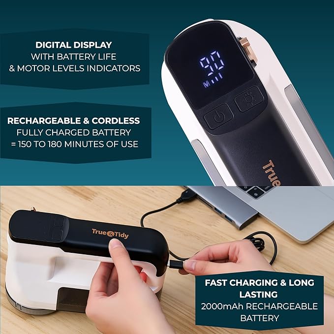 True & Tidy XL Fabric Shaver & Lint Remover Rechargeable Electric Sweater Defuzzer w/ 6-Blade Stainless Steel, 3 Speeds, LED Display, 2 Extra Blades, 3.5 Hrs Runtime for Clothes, Couch, Upholstery