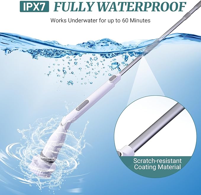 Electric Spin Scrubber, IPX7 Waterproof Shower Cleaning Brush with 8 Replaceable Brush Heads, Extendable Long Handle and 2 Adjustable Speeds Tools White