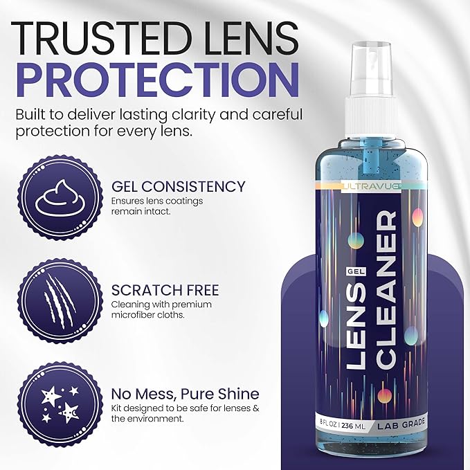 Eyeglass Gel Lens Cleaner Spray Kit - 3 x 8oz Gel Lens Cleaner Spray Bottle + 2 Microfiber Cloth for Cleaning - Safe for All Lenses (AR Coated Included), Eyeglasses and Screens