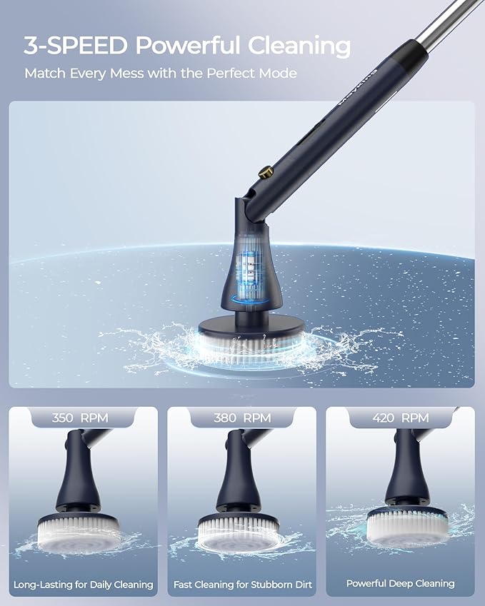 MayKing Electric Spin Scrubber with 9 Brush Heads, 3-Angle & 4-Length Adjustable Cordless Power Scrubber, 3-Speed & Battery LED Display, Electric Scrubber for Cleaning Bathroom Bathtub Floor Tiles