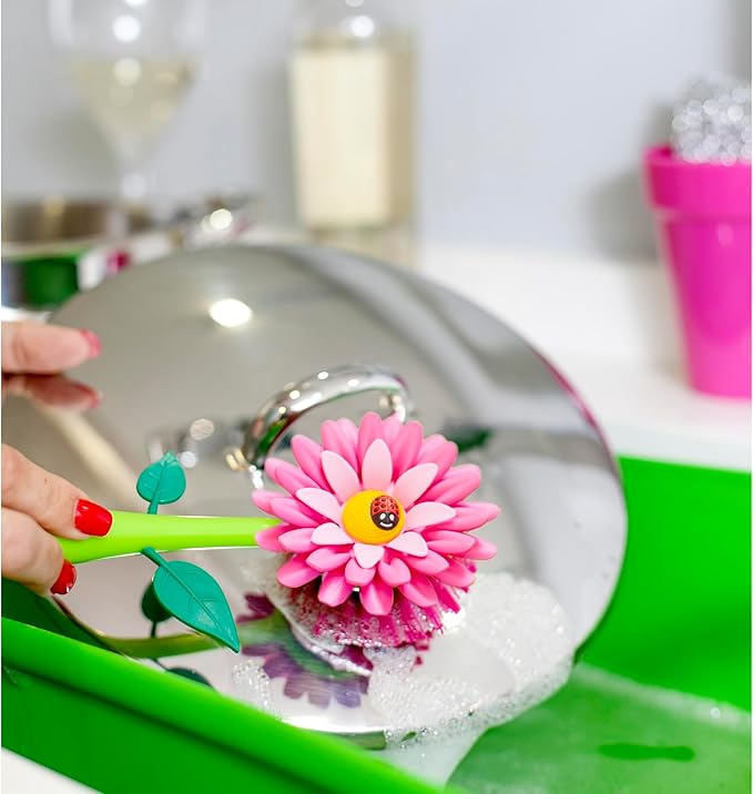 Vigar Flower Power Dish Brush with Handle and Vase Holder - Dish Scrub Brush for Dishes, Kitchen Scrub Brush, Dish Brush with Handle, Sink Cleaning Brush, Pot Scrubber, Dishwashing Brush - Pink