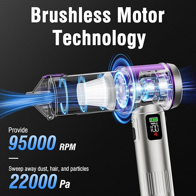 Handheld Car Vacuum Portable Cordless, Hand held Vacuum Cleaner & 22000 Pa High-Power Suction Air Duster for Car Cleaning, Home, Office, Pet Hair | Multi-Nozzle, Washable Filter, LED Light