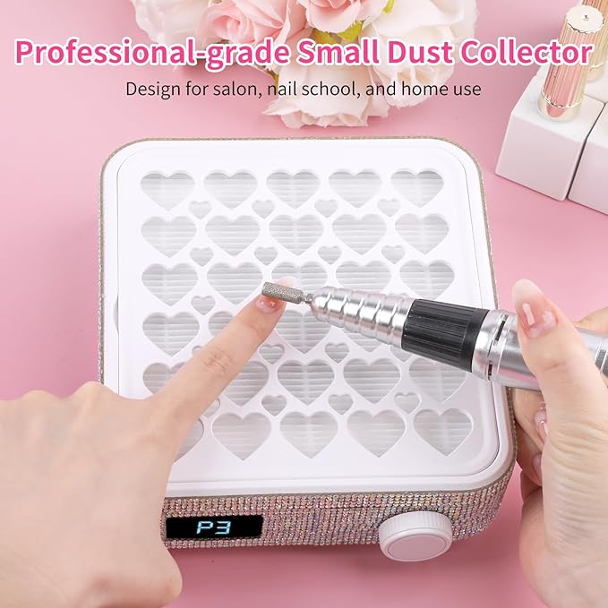 BQAN Nail Dust Collector Portable for Home & Salon - 4200RPM Vacuum with Reusable Filter, for Acrylic Drilling Dust Beginner Friendly Small Manicure Tool (White AB Rhinestones)