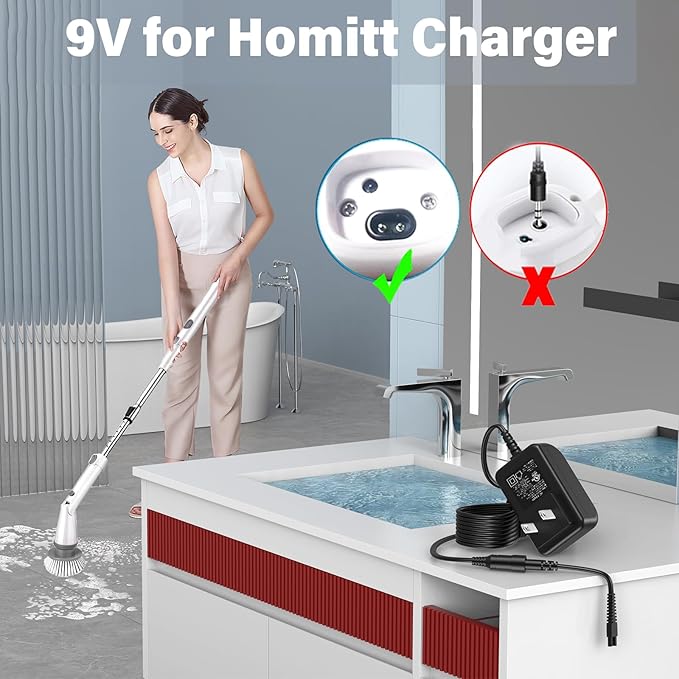 9V Scrubber Charger Fit for Homitt HM115C Electric Spin Scrubber, Power Cord AC Adapter for Homitt Cordless Bathroom Scrubber HM204C HM115CD HM115CG HM115CW Cleaning Brush, 2 Prong Charging Plug Cable