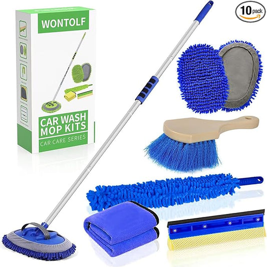 Wontolf 62'' Car Wash Brush With Long Handle - Chenille Microfiber Mop Mitt, Cleaning Kit, Windshield Window Squeegee, Duster, Microfiber Towels, Wheel Tire Brush for Cars, RV, Truck, Boat