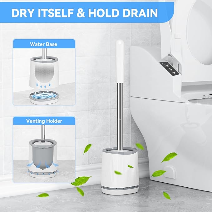 TRENTI Toilet Brush, Toilet Brush and Holder Set, Bristles Toilet Bowl Brush Head with Ventilated Holder, Wall Mounted Compact Toilet Brush Set for Bathroom Deep Cleaning (2, White)